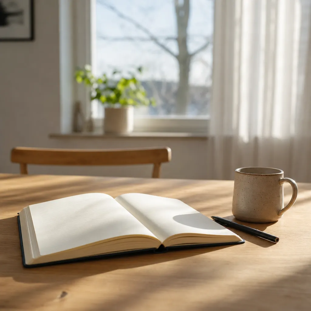 Skrivbord med anteckningsbok, blyertspenna och kaffekopp