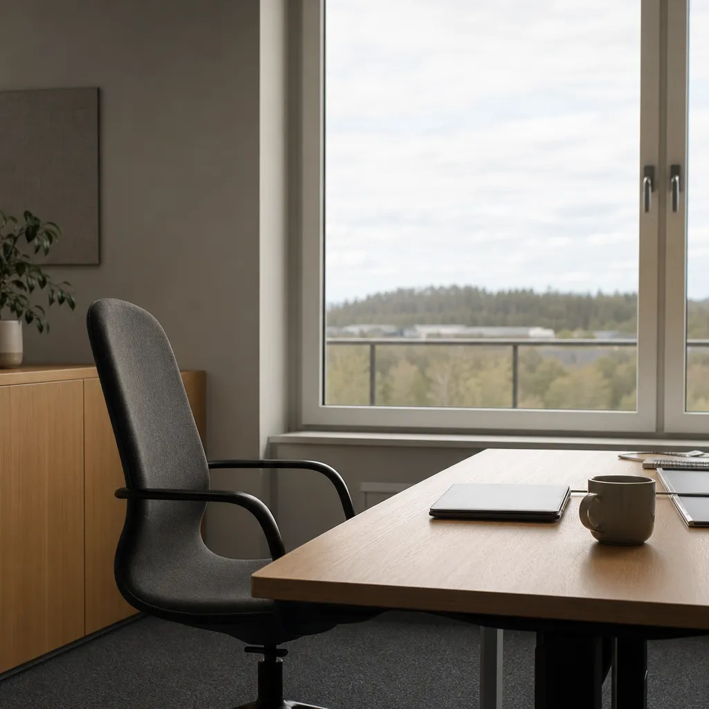 Tom kontorsstol vid skrivbord nära fönster, symbol för bestående arbetsoförmåga