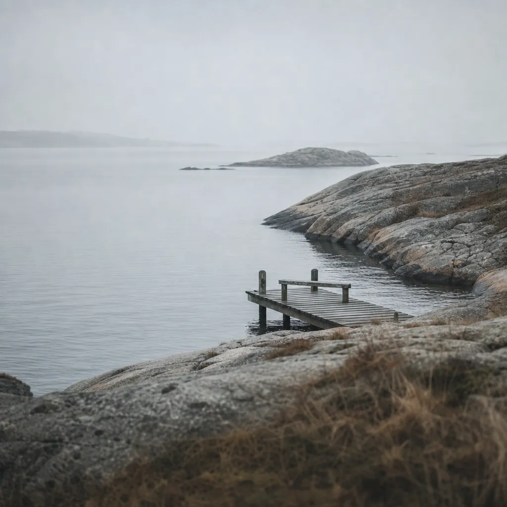 Lugn vy över Göteborgs skärgård vid skymning med klippor och liten segelbåt