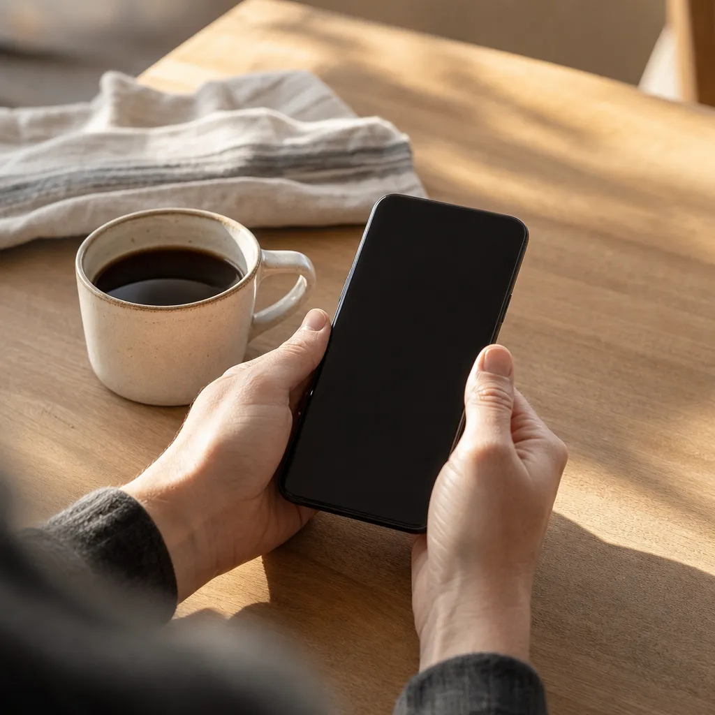 Mobiltelefon på kafébord med kopp te i naturligt fönsterljus