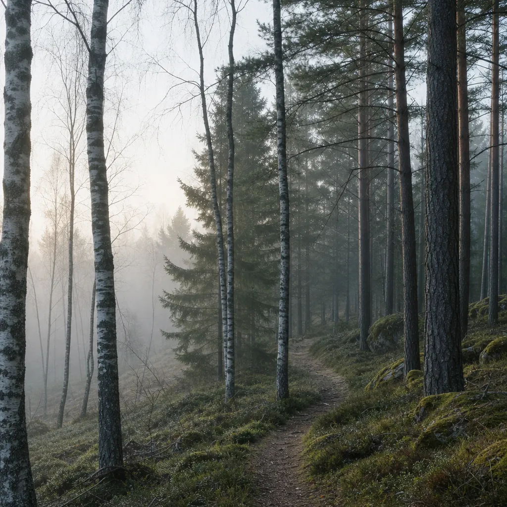 Lugn skandinavisk skogsstig med mjukt morgonljus