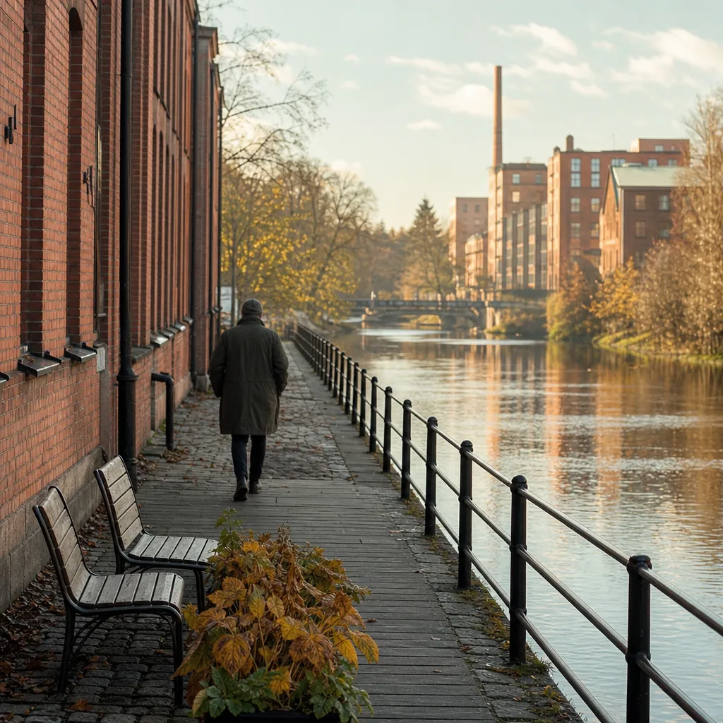 Strömmen genom Norrköping en lugn vårdag med gamla industribyggnader och gångbro