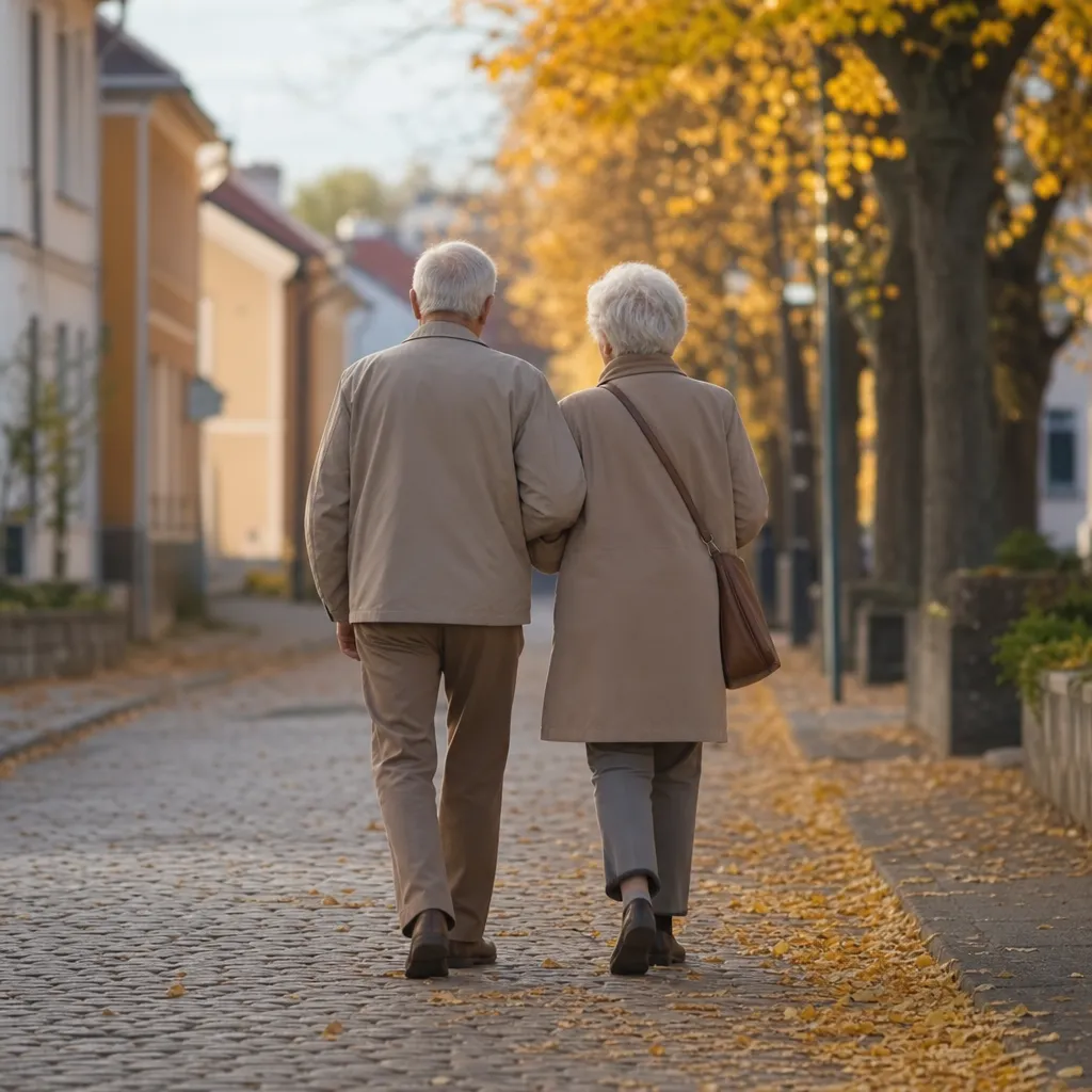Pensionärer på promenad i höstpark, olycksfallsförsäkring 65 plus