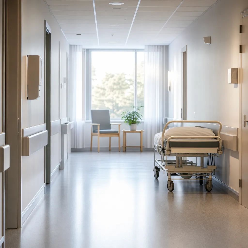 Ljus skandinavisk sjukhuskorridor sedd från avstånd