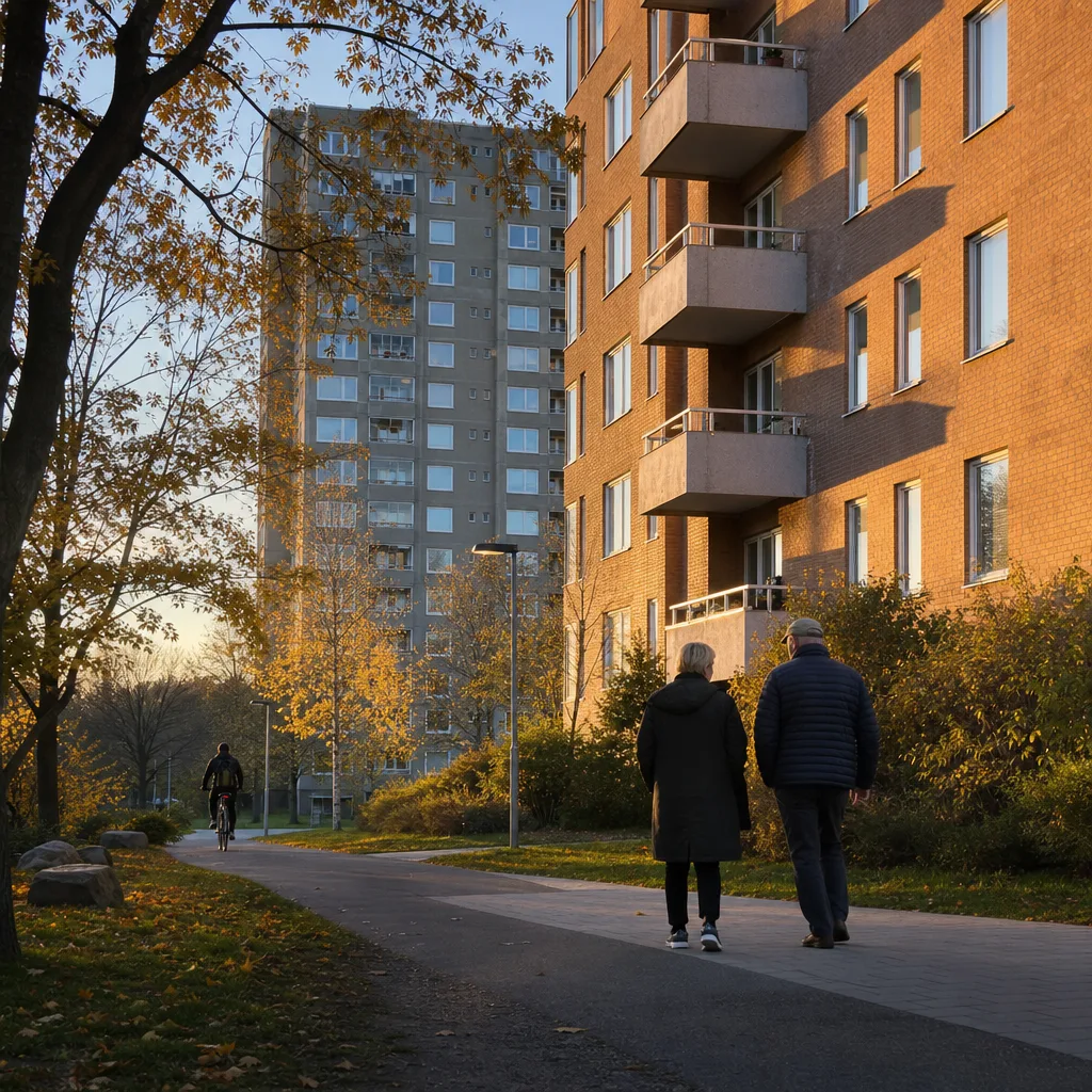 Bostadsområde i södra Stockholm i kvällsbelysning med cyklist på gångväg