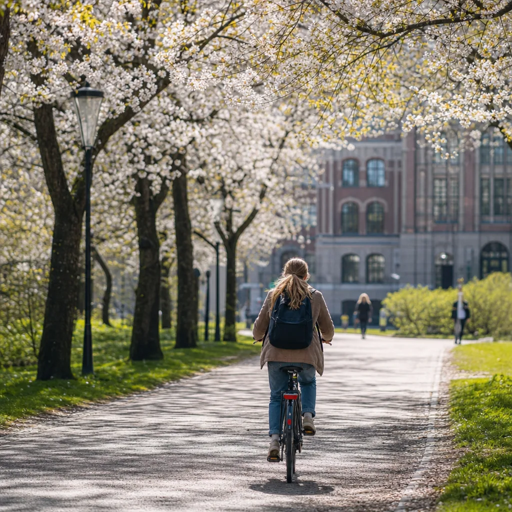 Lugn allé i stadspark i Uppsala på vårmorgonen med student på cykel